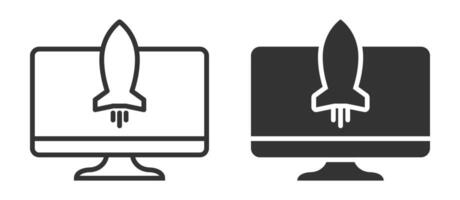 Icon of a rocket launching from a desktop computer screen, representing business growth, innovation, and digital development. vector