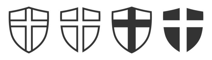 Shields with cross symbols, black and white in various styles. vector