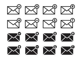 Envelope icons with various notifications, such as checkmarks, alerts, and download symbols in different styles. illustration. vector