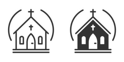 Church icons featuring outline and filled designs with architectural elements and a cross. Religious symbol illustration. vector