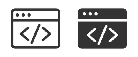 Web development and coding icons in dark and light styles, featuring browser windows and HTML tags. illustration. vector