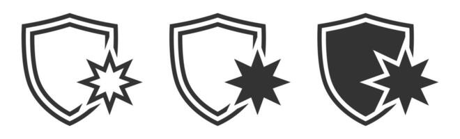 Broken shield icons with starburst, three styles, clean graphic. vector