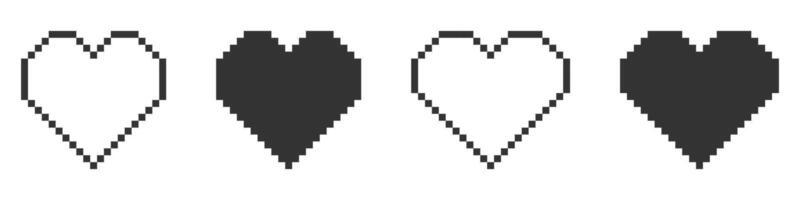 Pixelated heart icons in four variations, retro style, black and white. vector