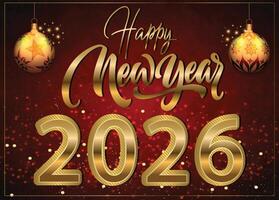 2026 Happy New Year, featuring golden letters and numbers on a radiant background with two golden baubles. vector