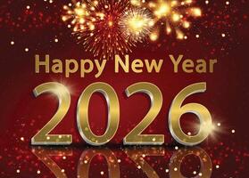 A 2026 New Year celebration card featuring sparkling golden glitter and vibrant fireworks against a red background. vector
