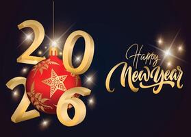 2026 Happy New Year greeting card design with shiny golden text and numbers on a dark blue background. vector