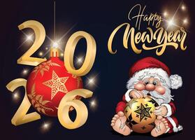 2026 Happy New Year greeting card design featuring shiny golden text and numbers on a dark blue background, with a gnome in a Santa suit holding a bauble. vector