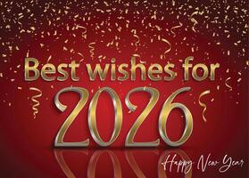 2026 Happy New Year background design with shimmering golden confetti on a vibrant red backdrop. vector