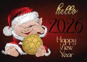 2026 Happy New Year greeting card design featuring shiny golden text on a dark red background, with a gnome in a Santa suit holding a bauble. vector