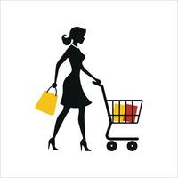 A silhouette of a woman pushing a shopping trolley while carrying shopping bags. vector