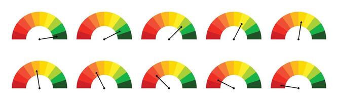0-100 Speedometer Energy Levels with Gradient Marks in Red, Yellow, and Green Zones vector