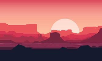 Sunset over the mountains illustration in a flat style. vector