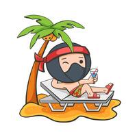 Illustration of relaxing on the beach with a cocktail under a palm tree in a cute cartoon style. vector