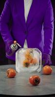 Chef in a purple jacket melts frozen persimmon in an ice cube with a torch video