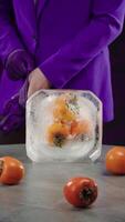 man putting on gloves in front of huge piece of ice standing on table video