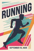 Retro style poster with text running and silhouette of a runner. Modern abstract sport background. Trendy geometric shapes. vector
