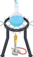 A boiling flask on a tripod stand with a Bunsen burner below in Isomeric Style vector