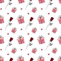 Saint Valentines seamless Pattern of Gifts and Roses on White Background. Pattern for wrapping and textile vector