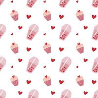 Cute hand drawn pattern with Bubble tea and hearts. Saint Valentines day pattern for wrapping and textile vector