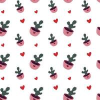 Saint Valentines seamless pattern with cute cactus and hearts. Trendy hand drawn pattern in flat design. Holiday background for wrapping, textile vector