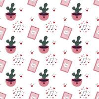 Love seamless background with cactus, tablet and music note with heart. Saint Valentines day pattern for wrapping and textile vector