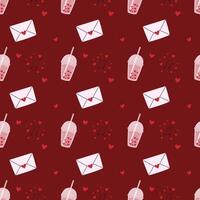 Saint Valentines seamless background with hearts, envelope, bubble tea and music notes. Trendy hand-drawn pattern in flat style for wrapping and textile. vector