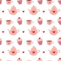 Hand drawn seamless pattern with teapot, cup and cupcake. vector