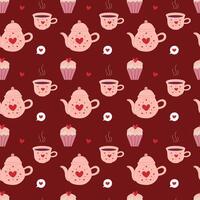 Cute seamless pattern with love elements. Teapot, cup, cupcake and heart in speech bubble. Saint Valentines day hand drawn pattern for wrapping, textile vector