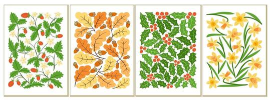 Set of four seasonal botanical illustrations with strawberries, oak leaves with acorns, holly with berries, and yellow daffodils. Vintage botanical collection on white background vector