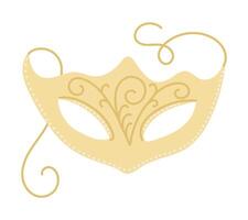 Elegant golden masquerade mask with intricate swirling patterns, delicate dotted details, and flowing ribbon accents. Hand drawn drawing isolated on white background vector