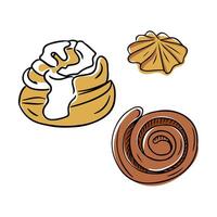 Illustration of three baked pastries cinnamon roll, icing topped bun, and starshaped cookie, depicted in a hand drawn style. Hand drawn drawing isolated on white background vector