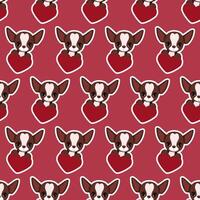 Little chihuahua dogs with hearts in seamless pattern on red background for Valentine's Day vector