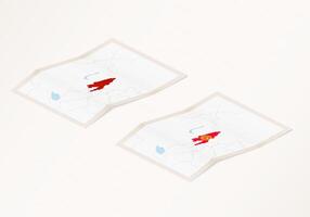 Two versions of a folded map of Kyrgyzstan with the flag of the country of Kyrgyzstan and with the red color highlighted. vector
