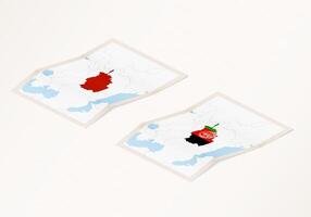 Two versions of a folded map of Afghanistan with the flag of the country of Afghanistan and with the red color highlighted. vector