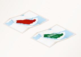 Two versions of a folded map of Saudi Arabia with the flag of the country of Saudi Arabia and with the red color highlighted. vector