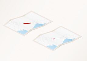 Two versions of a folded map of Nepal with the flag of the country of Nepal and with the red color highlighted. vector