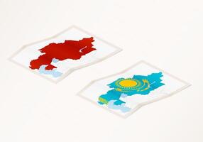 Two versions of a folded map of Kazakhstan with the flag of the country of Kazakhstan and with the red color highlighted. vector