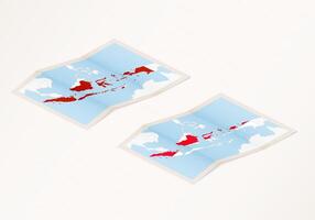 Two versions of a folded map of Indonesia with the flag of the country of Indonesia and with the red color highlighted. vector