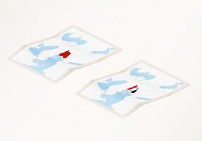 Two versions of a folded map of Syria with the flag of the country of Syria and with the red color highlighted. vector