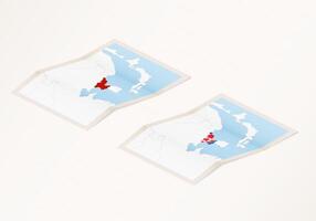 Two versions of a folded map of North Korea with the flag of the country of North Korea and with the red color highlighted. vector