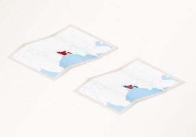 Two versions of a folded map of Bangladesh with the flag of the country of Bangladesh and with the red color highlighted. vector