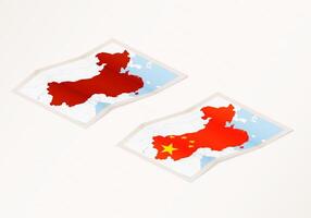 Two versions of a folded map of China with the flag of the country of China and with the red color highlighted. vector