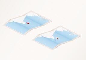 Two versions of a folded map of Sri Lanka with the flag of the country of Sri Lanka and with the red color highlighted. vector