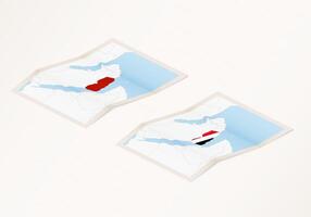 Two versions of a folded map of Yemen with the flag of the country of Yemen and with the red color highlighted. vector