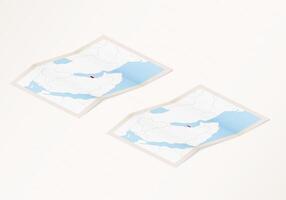 Two versions of a folded map of Qatar with the flag of the country of Qatar and with the red color highlighted. vector
