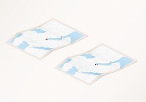 Two versions of a folded map of Kuwait with the flag of the country of Kuwait and with the red color highlighted. vector