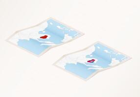 Two versions of a folded map of Cambodia with the flag of the country of Cambodia and with the red color highlighted. vector