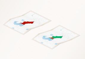 Two versions of a folded map of Turkmenistan with the flag of the country of Turkmenistan and with the red color highlighted. vector