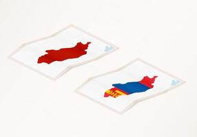 Two versions of a folded map of Mongolia with the flag of the country of Mongolia and with the red color highlighted. vector