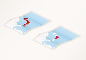 Two versions of a folded map of Japan with the flag of the country of Japan and with the red color highlighted. vector